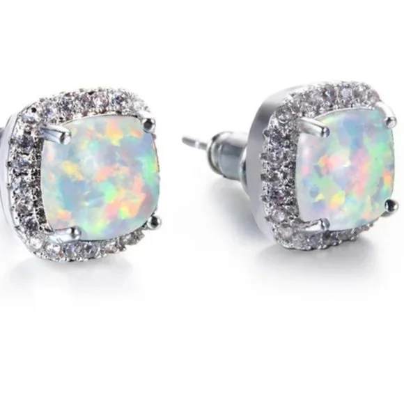 NEW White Gold White Opal Diamond Halo Earrings - Picture 6 of 6